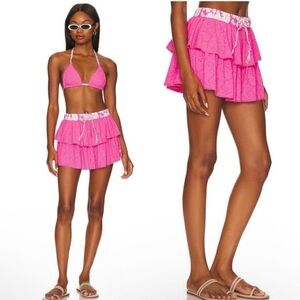 Love shack Fancy X Hurley NWT pink eyelet paisley Tiered drawstring mini skirt S